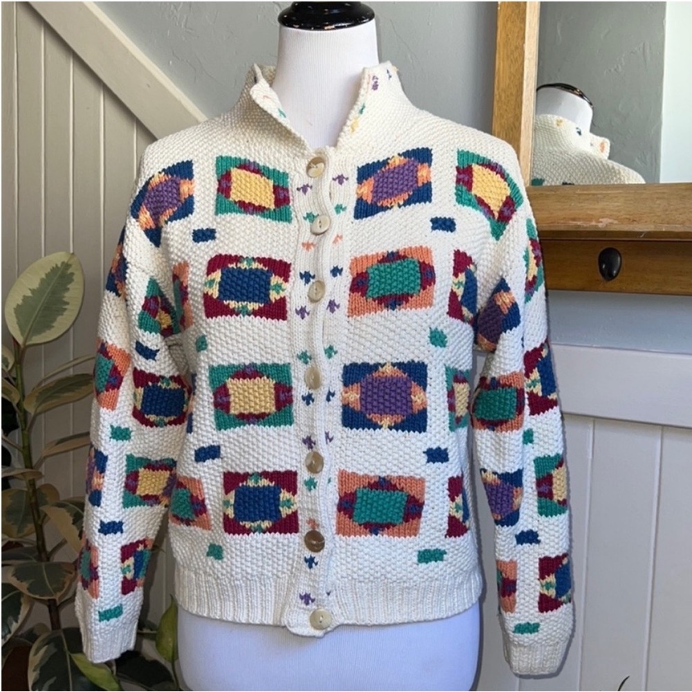 Neiman Marcus 100% Cotton Hand Knit Patterned Cardigan in Multi Vintage
